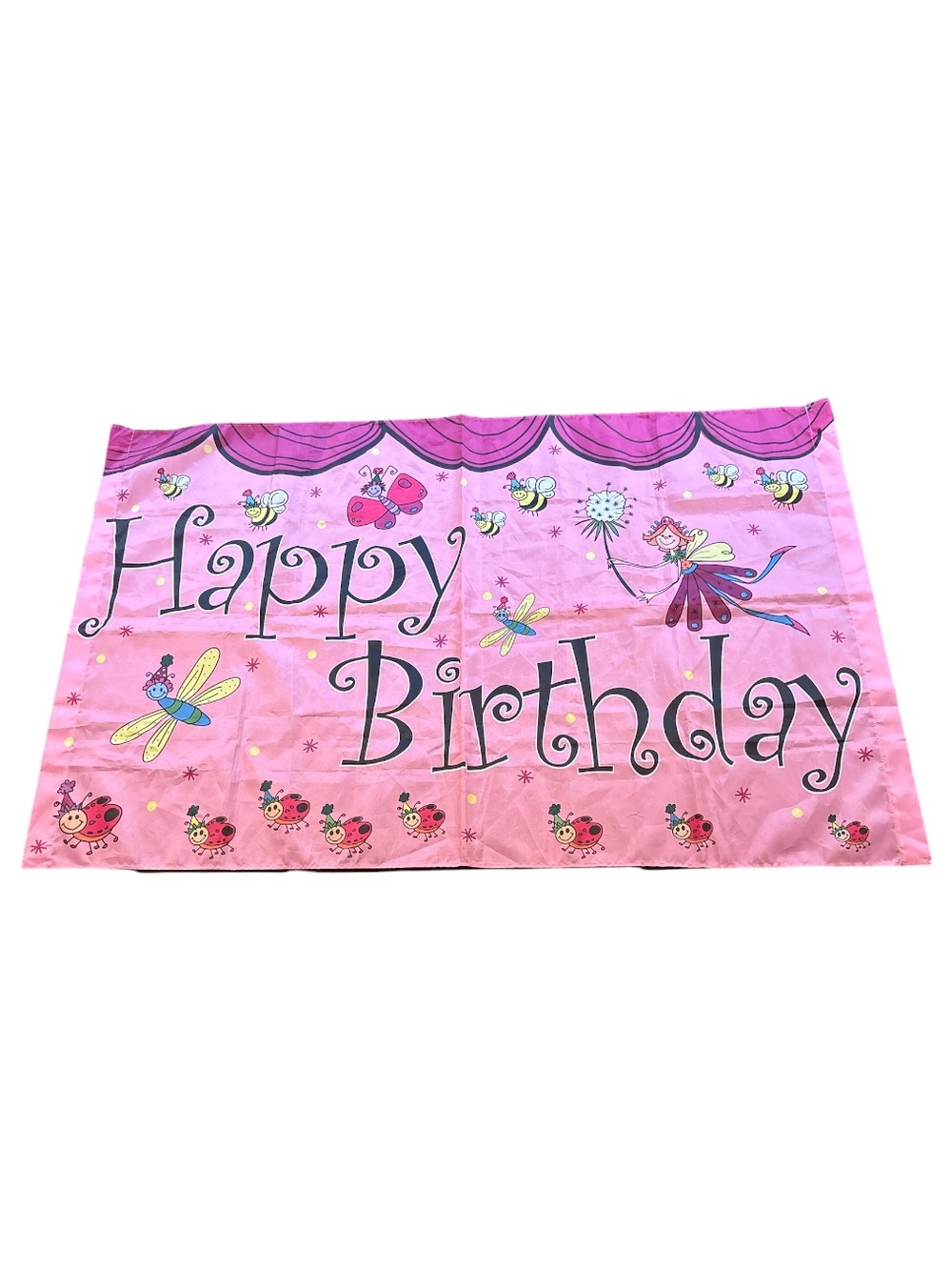 HAPPY BIRTHDAY FABRIC PARTY BANNER PINK FAIRY & BEES BACKDROP 32 H x 46 W